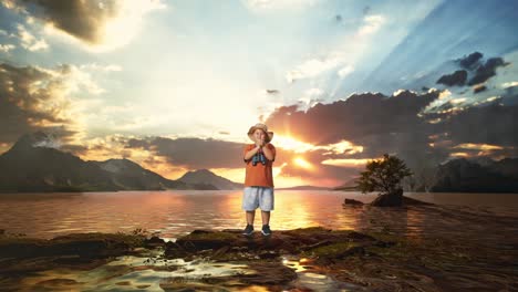 boy explorer at sunset lake