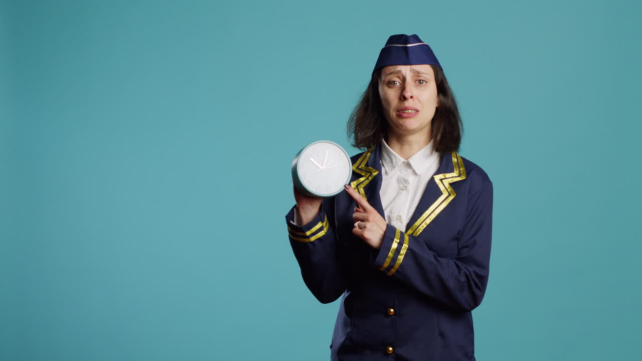 Stressed air hostess checking time on clock in studio