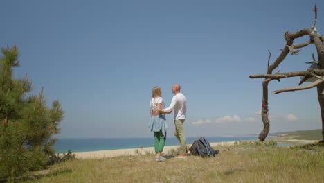 Couple-holding-hands-and-looking-at-sea