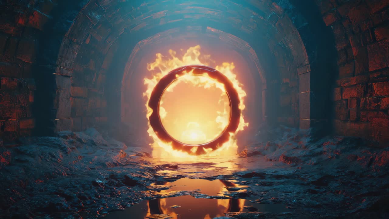 Fiery Portal in a Stone Tunnel