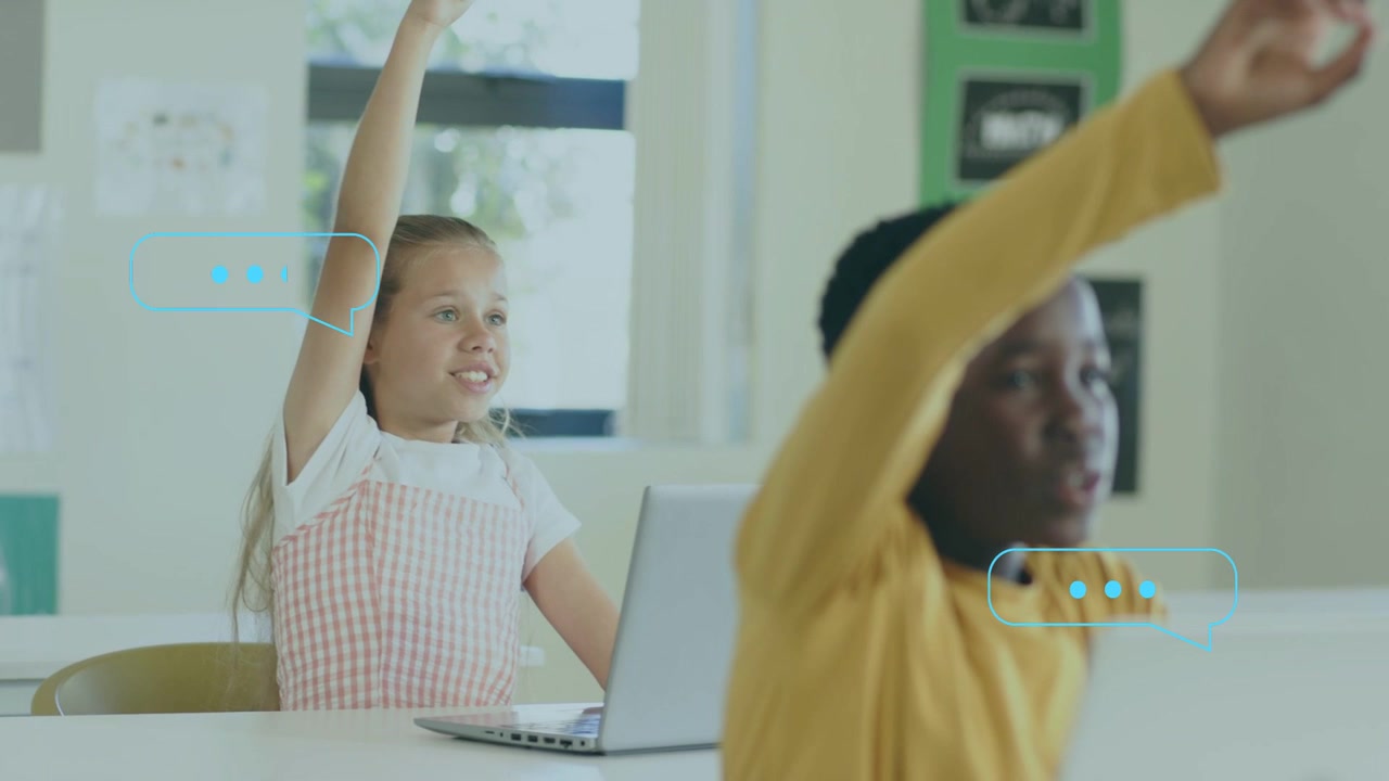 Students raising hands with edtech chat bubbles over laptops, answering, camera shifting to boy