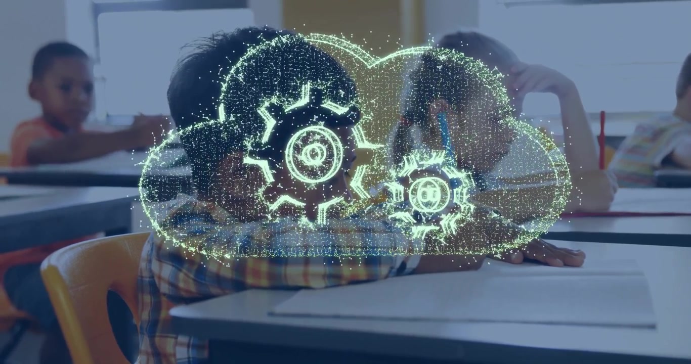 Light streak appearing on notebook while boy writing seeing cloud gear showing learning concept