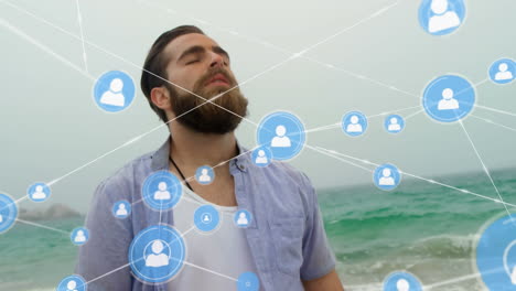 animación de la red de conexiones con las personas iconos sobre el hombre relajándose en el mar
