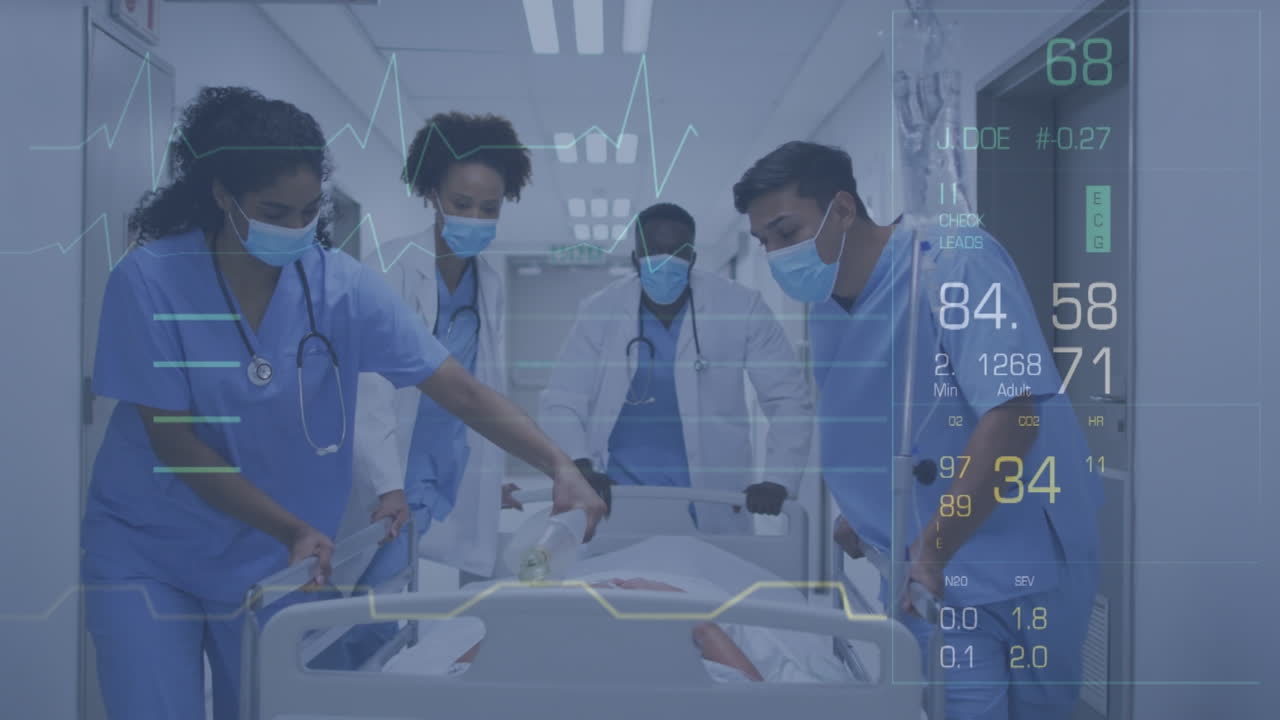 다양한 의사와 환자가 얼굴 마스크를 착용하는 데이터 처리의 애니메이션