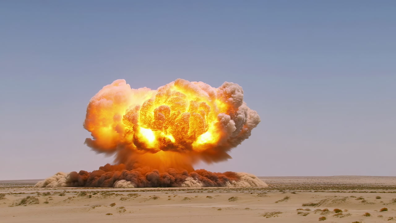 Desert Explosion With Fiery Mushroom Cloud, Massive Fireball Expands Across Arid Landscape, Shockwave Sends