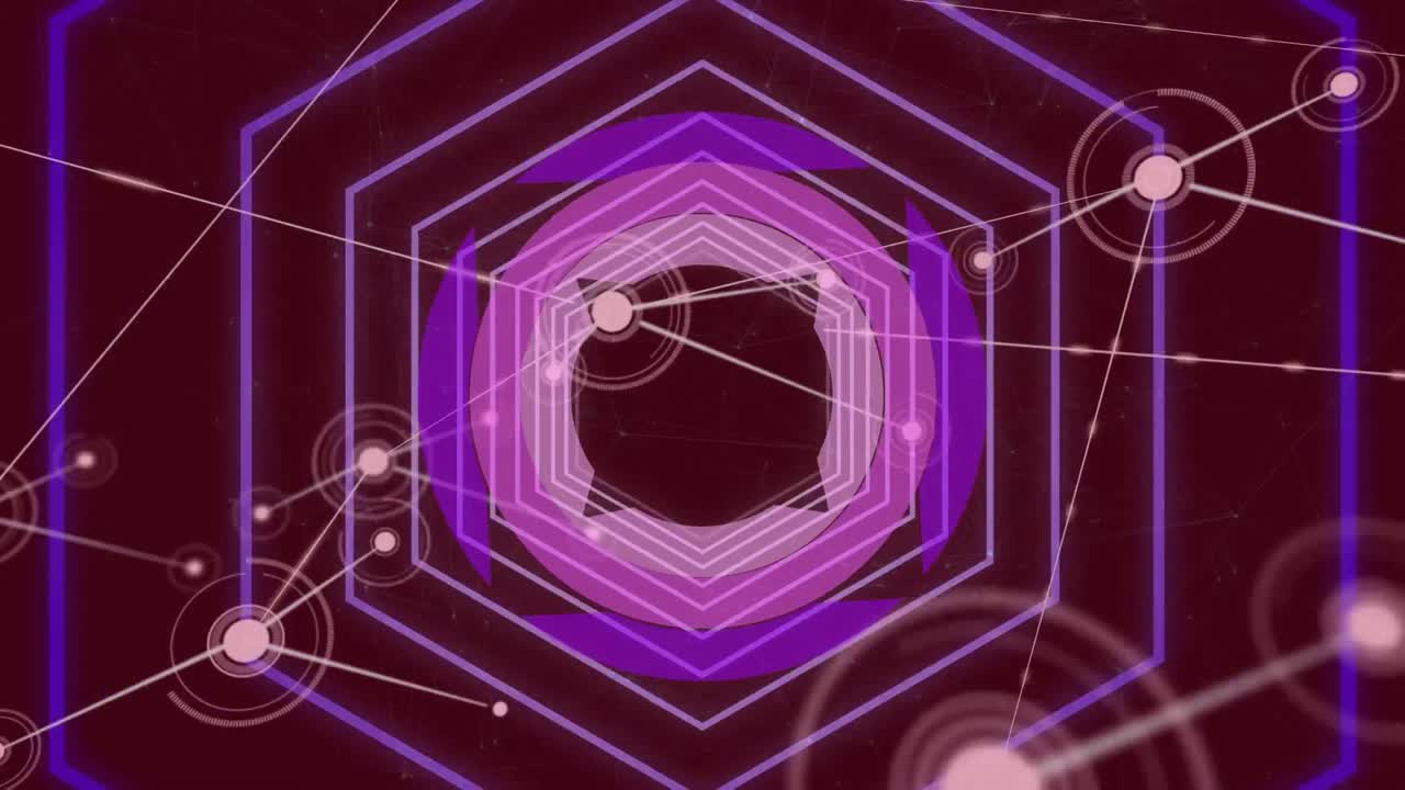 육각형의 애니메이션과 빛나는 반점과 연결의 네트워크를 통해 범위 스캐닝