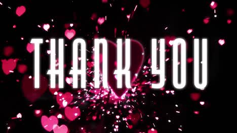 Animation-of-thank-you-text-in-white-over-red-hearts-and-sparks-on-black-background