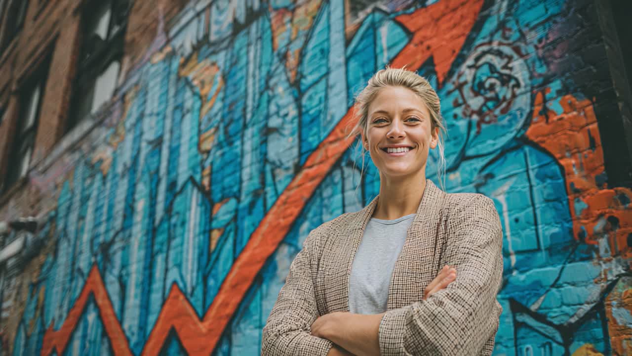 Giovane donna sicura di sé sorride davanti a un vivace murale urbano, irradiando positività e forza in un contesto artistico stimolante con sfondo colorato