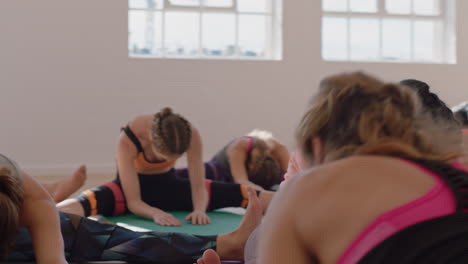 yoga class young overweight woman exercising practicing poses stretching body enjoying healthy weight loss lifestyle in fitness studio