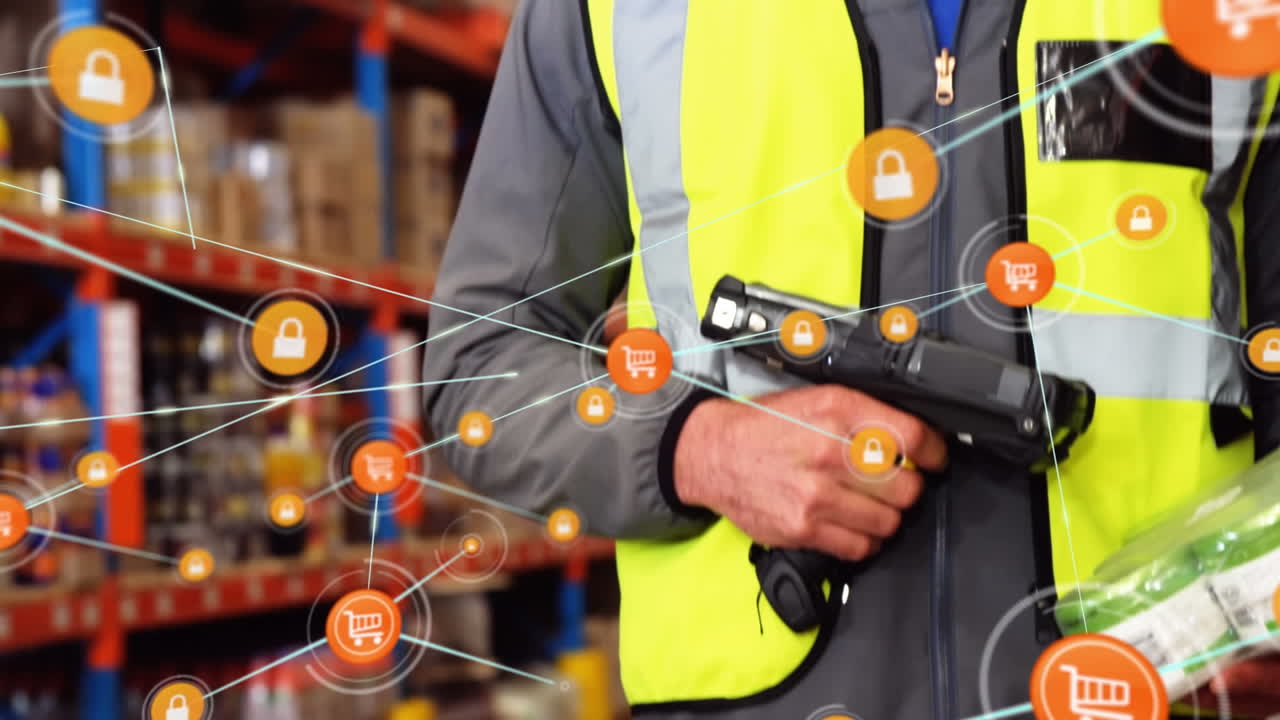 animación de redes de conexiones con iconos sobre el hombre que trabaja en el almacén