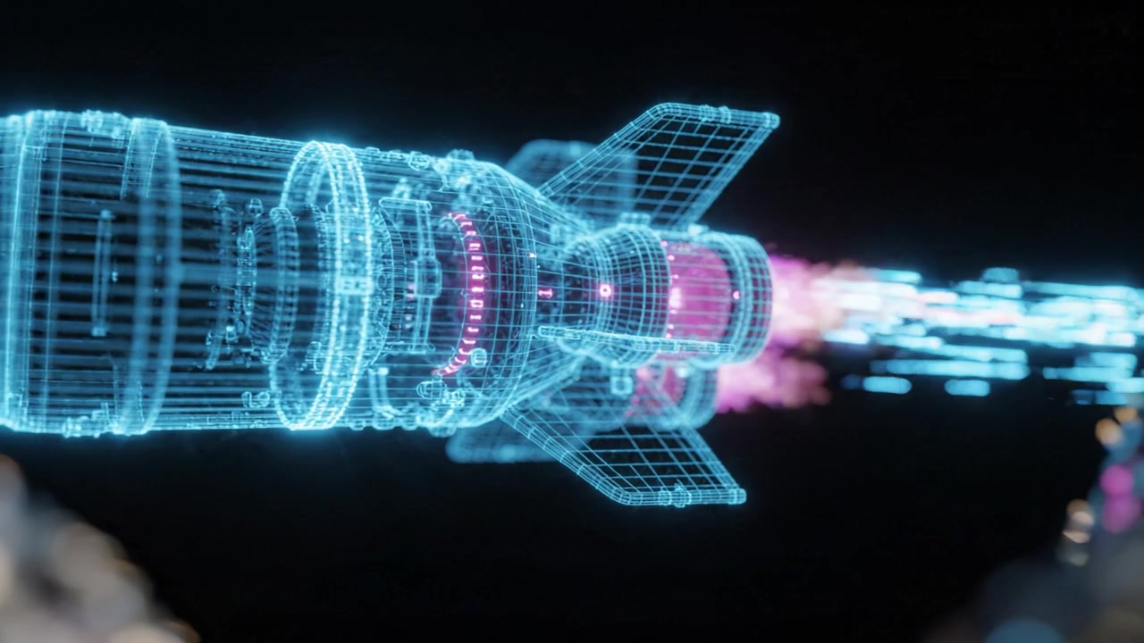 Stunning Visuals of a Futuristic Rocket Launch Sequence Featuring Detailed Holographic Design and Dynamic Exhaust Flames in a Digital Environment