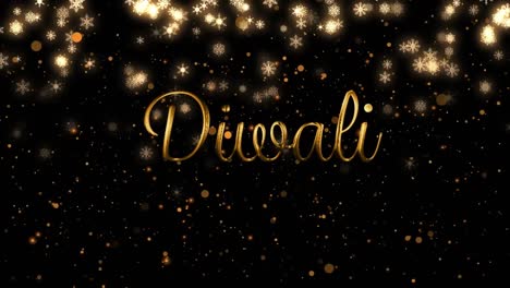 animation of diwali text over light spots and snow on black background