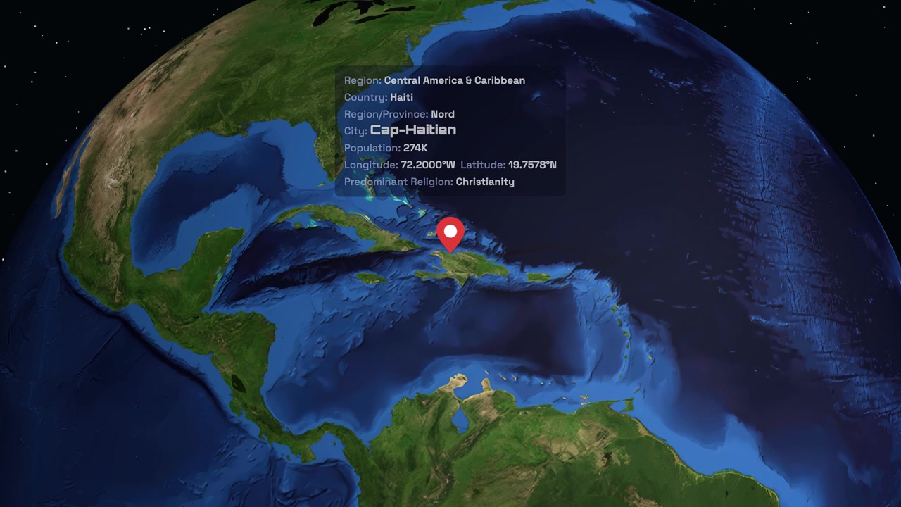 Digital globe rotates and zooms into Cap-Haitien Haiti with an informative data overlay panel
