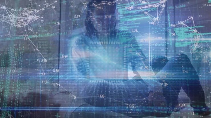 Animation of network of connections with icons over asian female doctor with patient