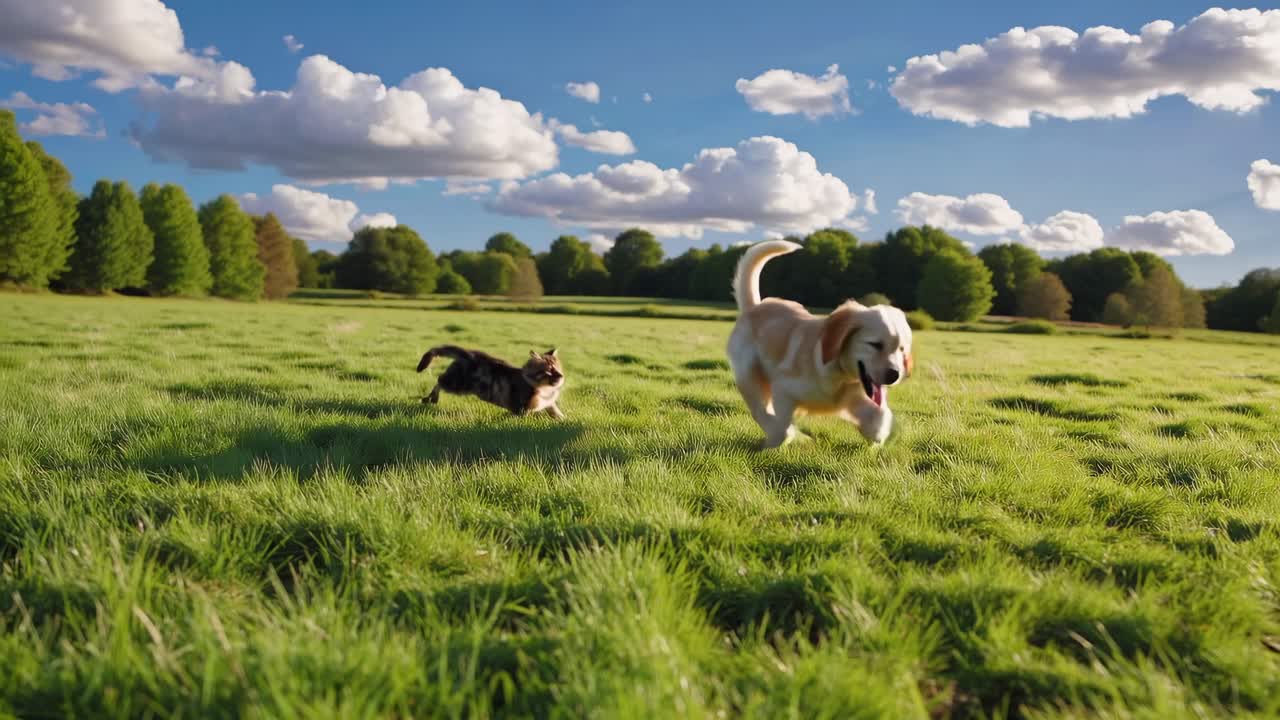 A playful dog and cat frolic in a lush green field under a bright blue sky