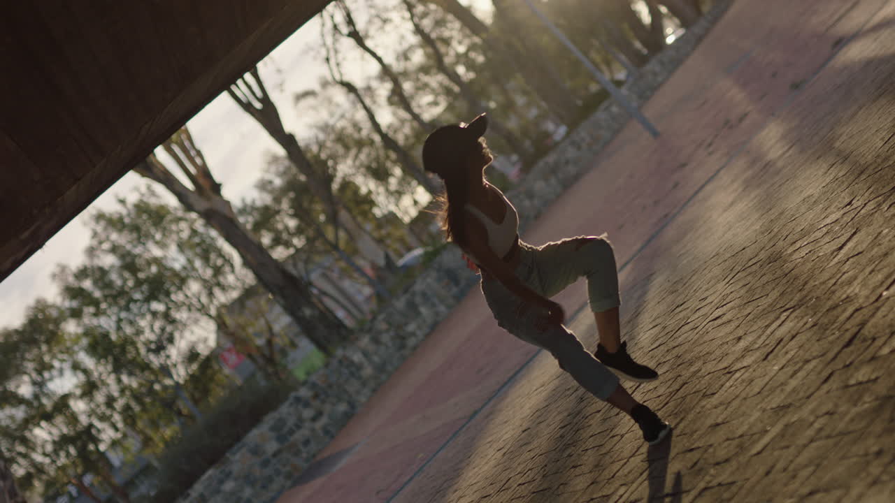 dancing woman young hip hop dancer in city enjoying fresh urban freestyle dance moves practicing expression at sunset