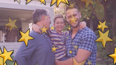 animación de estrellas sobre feliz niño caucásico con abuelo y padre en el jardín