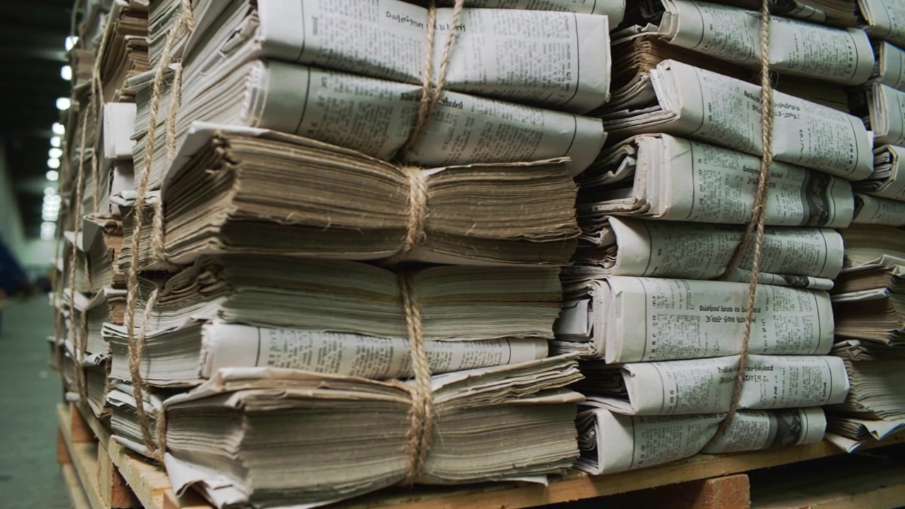 Panning cam revealing newspapers on pallet in warehouse aisle, showing twine knots for storage