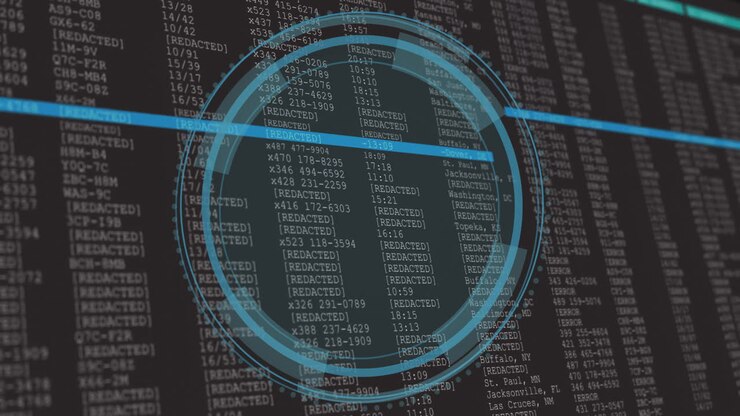 Digital data analysis animation over redacted text and numbers on dark background