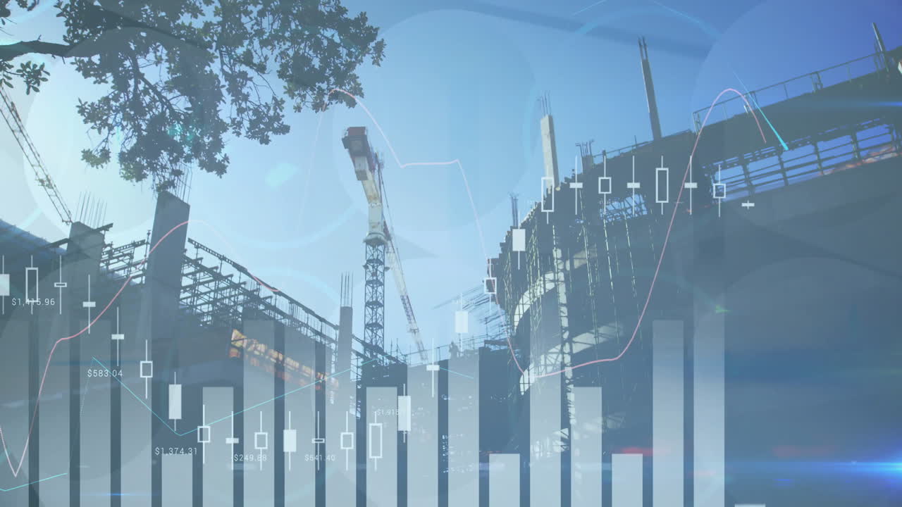 animación del procesamiento de datos financieros sobre el paisaje urbano