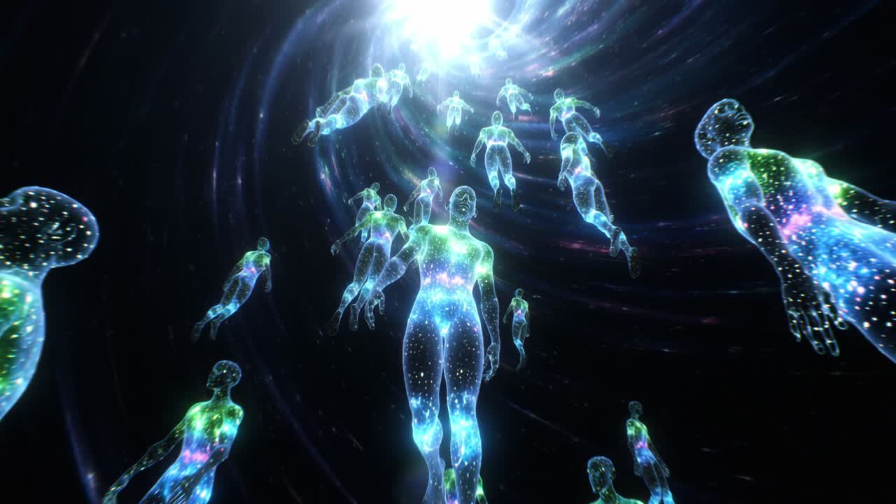 Figure luminose simili a esseri umani che ascendono verso una luce brillante nello spazio cosmico
