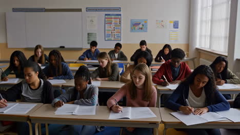 students taking an exam in a diverse classroom setting