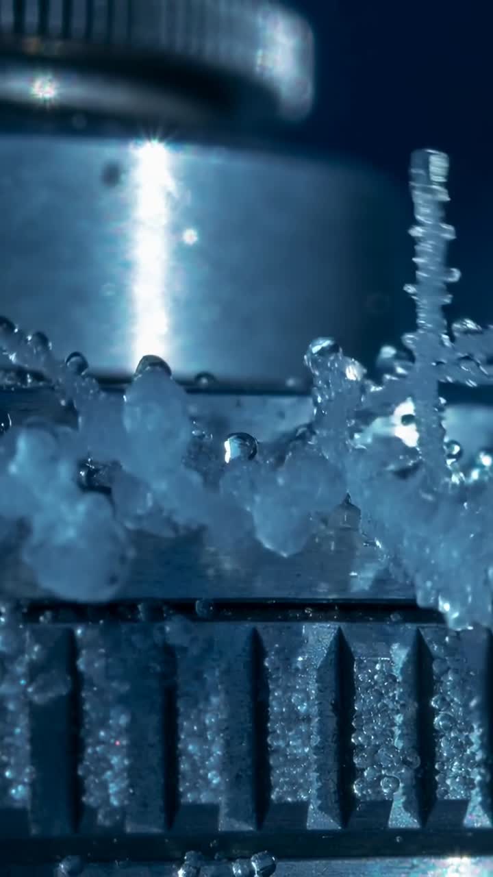 Vertical video: Time-lapse showing cylinder sprouting crystals from knurled ring on bench blue-lit