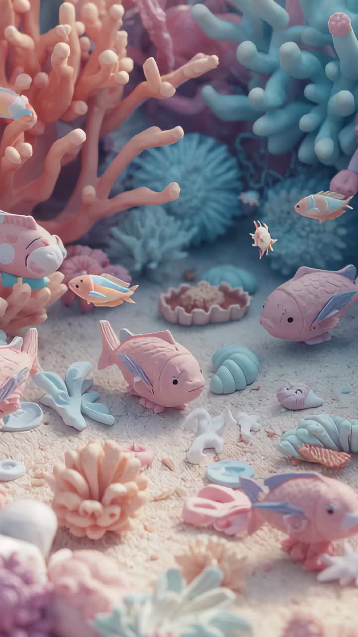 Vertical video: Gliding in gentle current, spotted pastel fish schooling across reef with coral