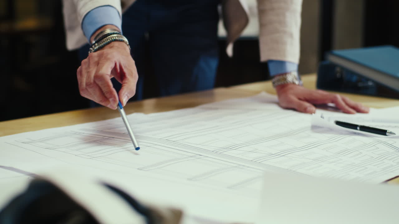 People examining a blueprint on a table