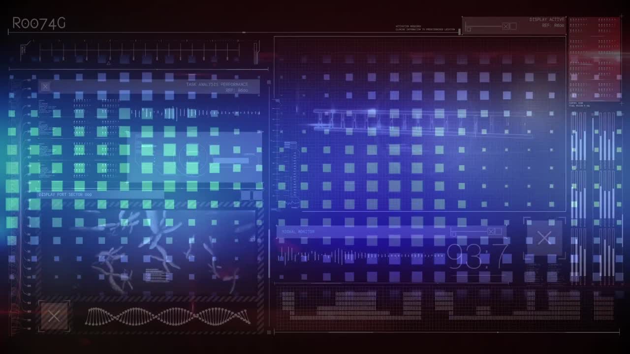 다양한 데이터와 함께 파란색 디지털 화면에서 움직이는 불빛의 애니메이션