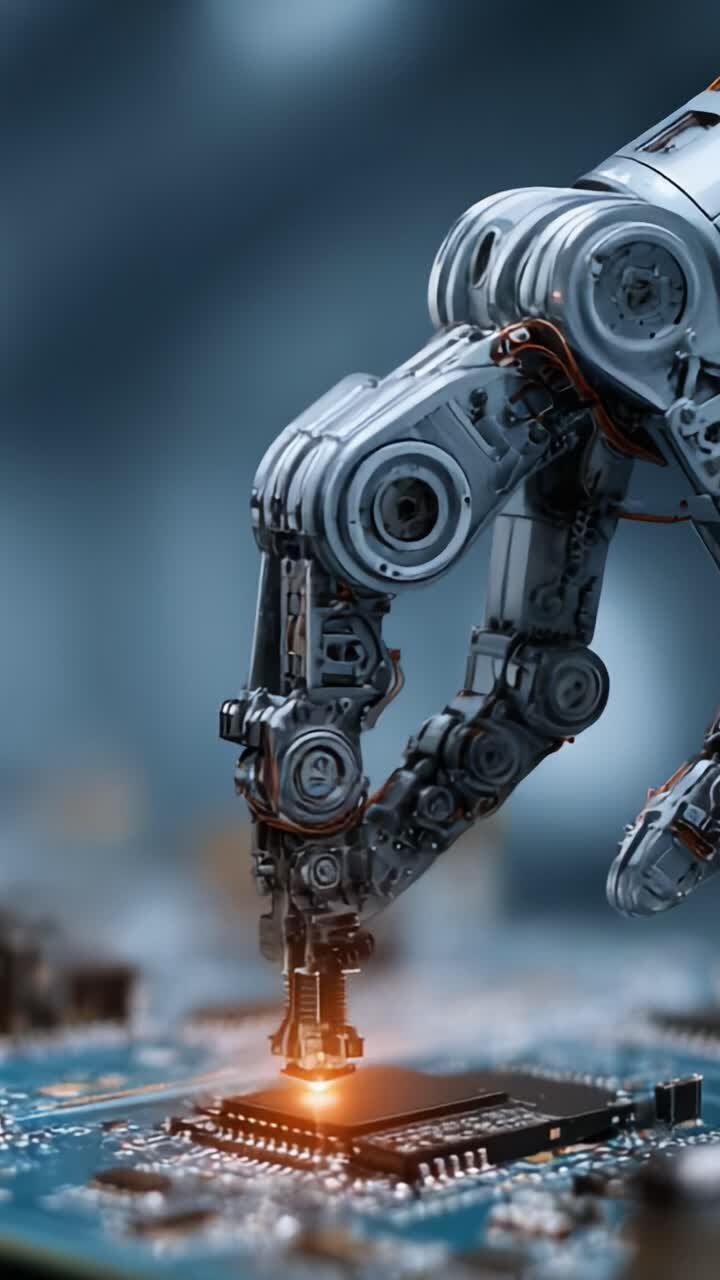 Braccio robotico avanzato che manipola componenti di circuiti stampati con precisione ed energia in un ambiente tecnologico futuristico, evidenziando innovazione e automazione