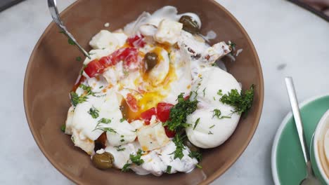 delicious poached eggs with toast and salad