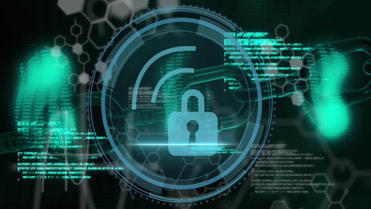 Animation of data processing and chain over black background