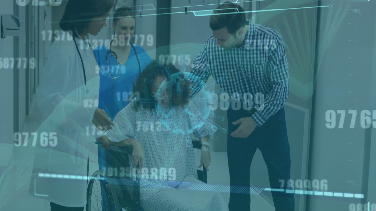 animación de la célula de coronavirus y procesamiento de datos sobre médicos con estetoscopios