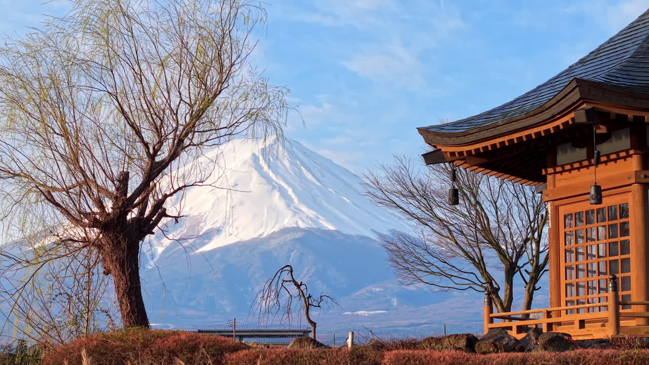 Aerial drone view of a temple with Mount Fuji on the background