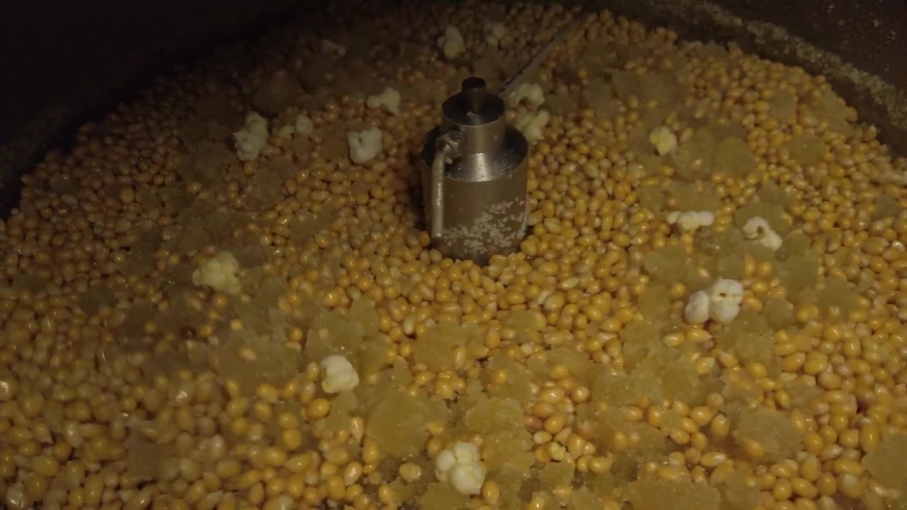 Chicchi di mais salgono ed emergono come popcorn freschi nella macchina industriale