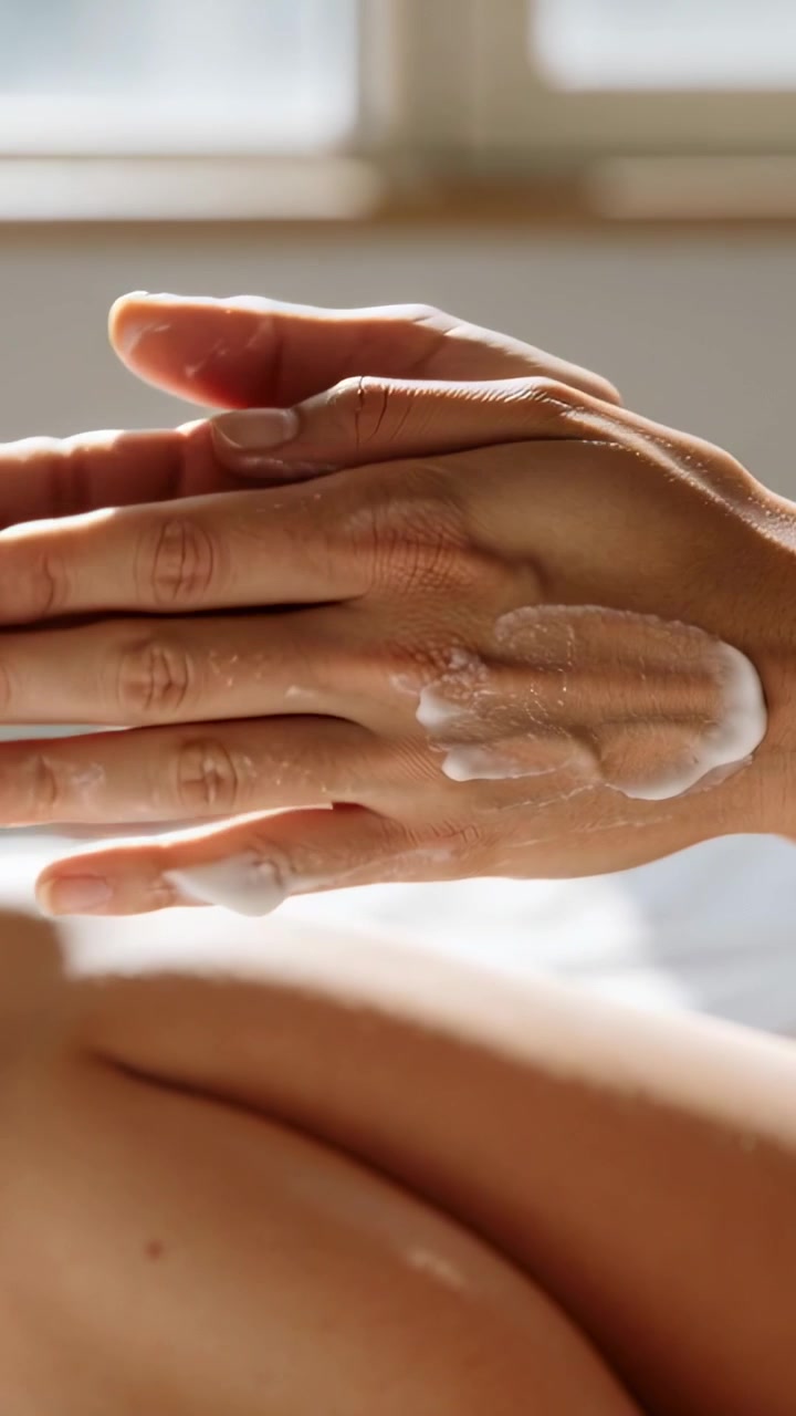 Video verticale: Mani che iniziano con una piccola quantità di crema, spalmando una lozione bianca vicino alla finestra sul letto.