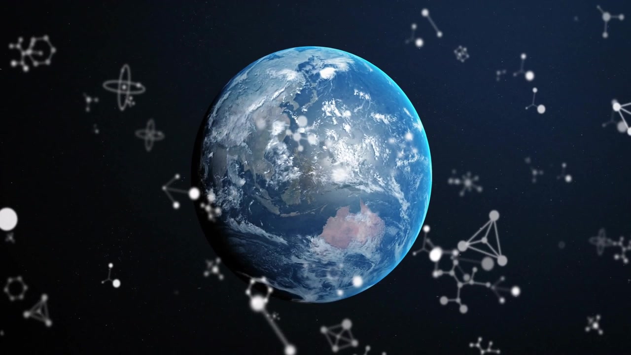 抽象的な分子構造に囲まれたデジタル地球儀