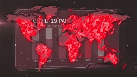 animation of covid 19 text over world ma on dark background