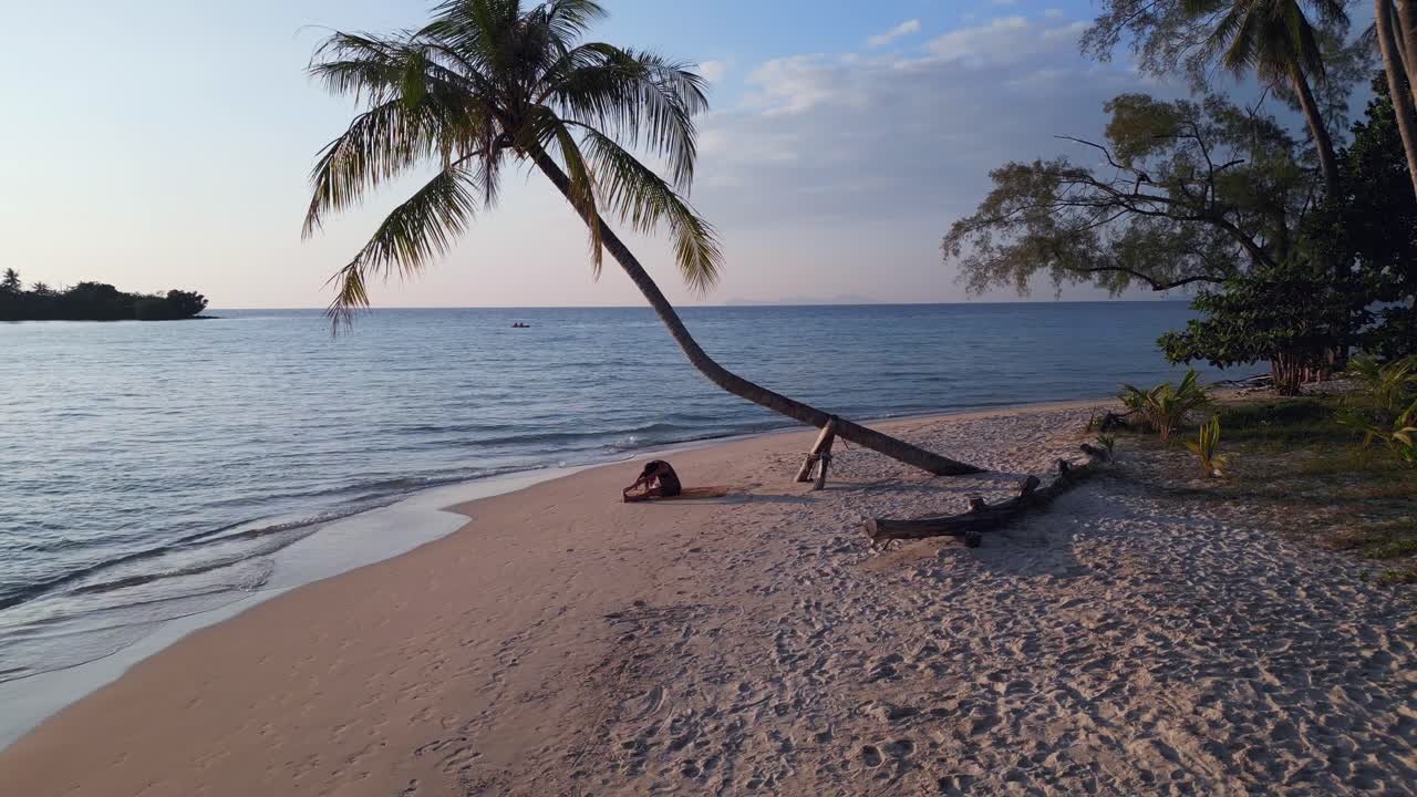 большой воздушный вид полет круг беспилотник кадры издевушка йога под пальмовой растяжкой
