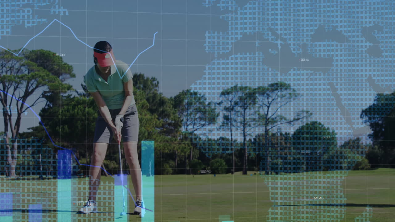 female golfer preparing to putt on green, merging sports technology data with animated bar graphs