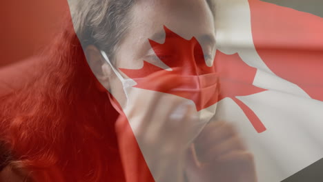 animación de la bandera de canadá ondeando sobre una mujer con máscaras faciales