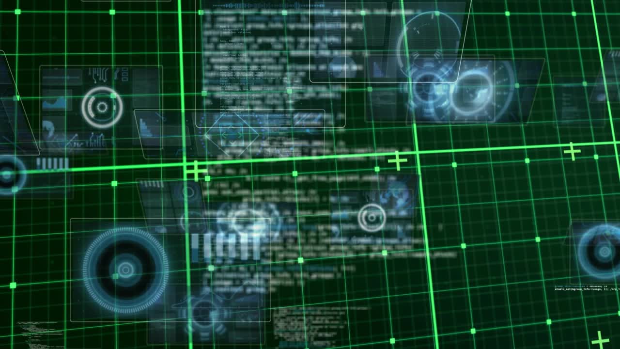 Neon-green grid activating, blue HUD panels fading, rings rotating, code scrolling, monitoring data