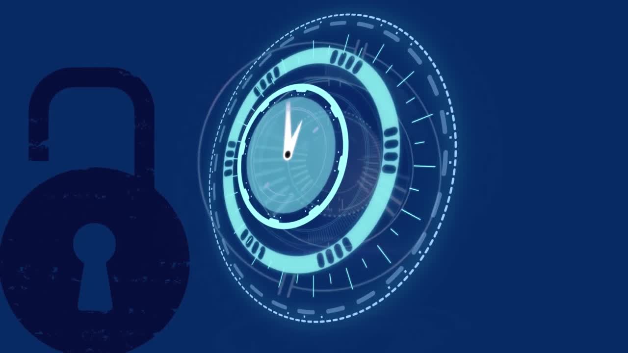 Animation of clock moving fast over online security padlock on blue background