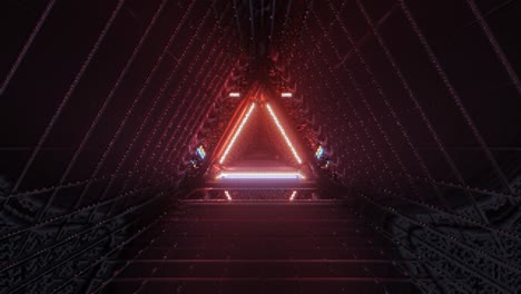 VJ-Loop---Flying-Through-a-Triangular-Low-Resolution-Retro-Tunnel,-with-Glowing-Purple,-Orange-and-Blue-Neon-Lights