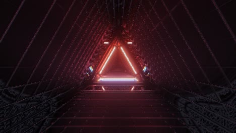 bucle vj: volando a través de un túnel retro triangular de baja resolución, con luces de neón brillantes de color púrpura, naranja y azul