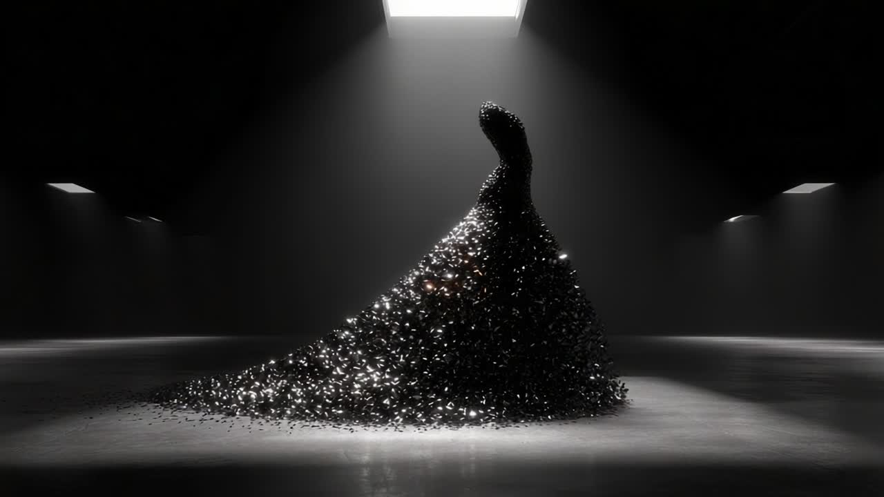 A captivating visual transformation of a dynamic figure composed of shimmering particles, transitioning from a solid form to an intricate, flowing silhouette illuminated by stark overhead lights in a minimalist space