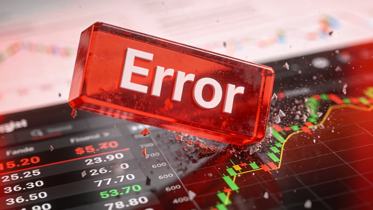 Emerging red Error block rotating into trading chart and ticker, scattering shards, signaling error