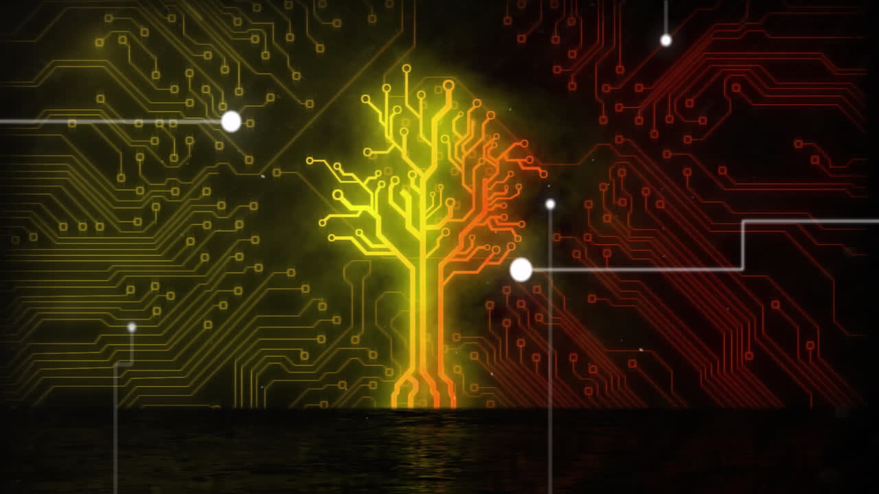 animación de una placa de circuitos informáticos que forma un árbol sobre un fondo negro