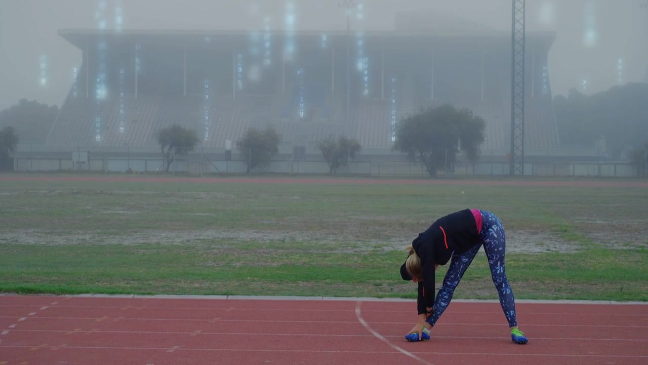 Girl starting sports warmup on track, moving side stretch to forward fold, overlay showing motion